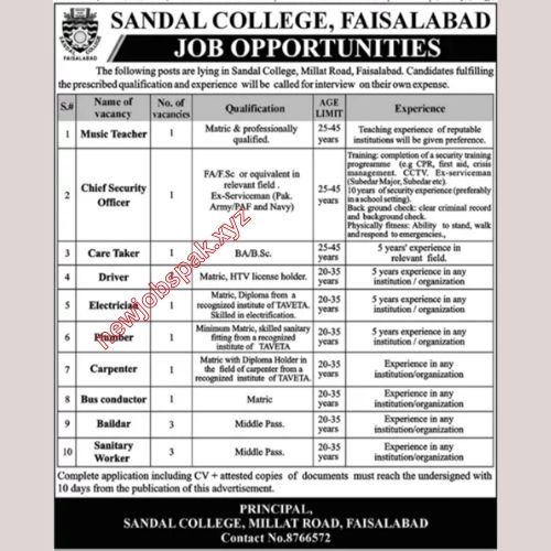 Sandal College Jobs In Faisalabad in January 2025